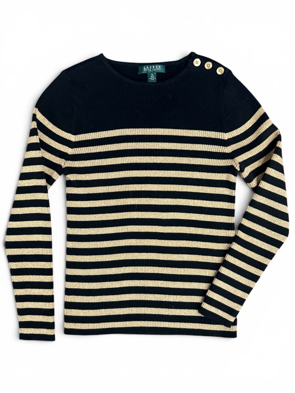 Lauren Ralph Lauren Petite Black Gold Metallic Stripe Button Shoulder Sweater PL